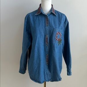 Womens Denim Upcycled Patchwork Ohio State Buckeyes Casual Button Down Shirt Med